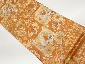 道長取りに華紋・花唐草・鳥模様織出し袋帯